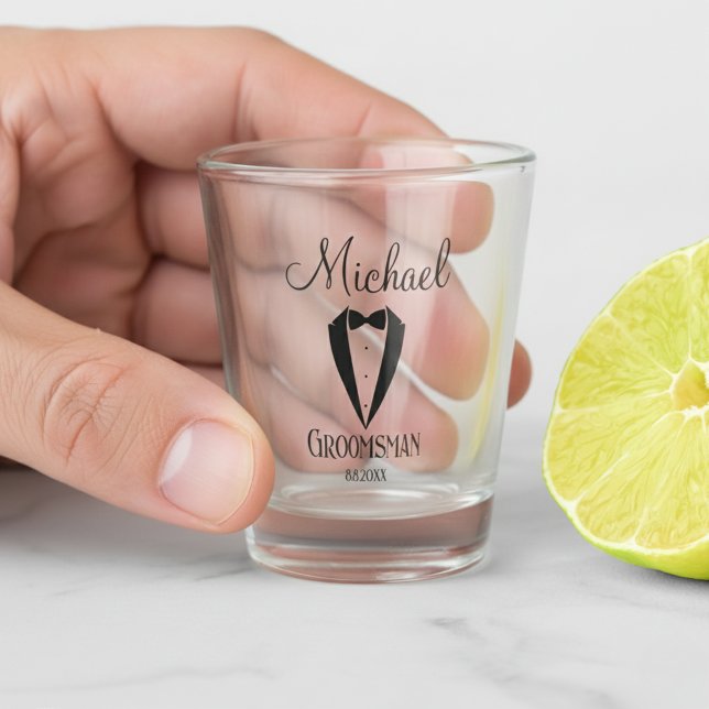Verre A Shot ludique tuxedo & bow groomsman personnalisé (Créateur téléchargé)