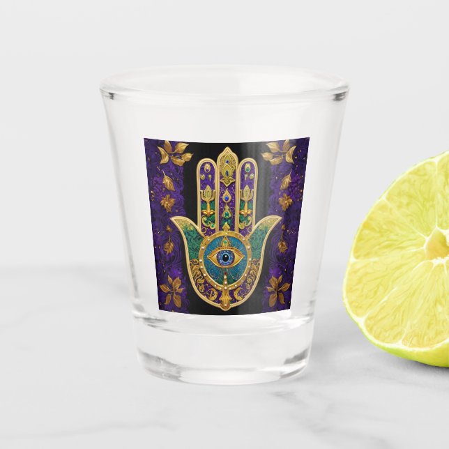 Verre A Shot Mardi Gras Gold violet vert Hamsas Art (Devant)