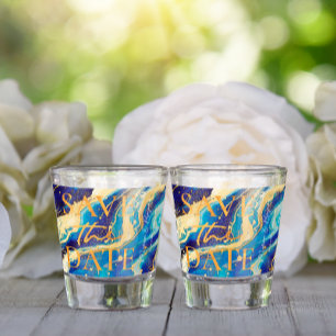 Verre A Shot Mariage Bleu Or Plage Enregistrer la Date Drôle