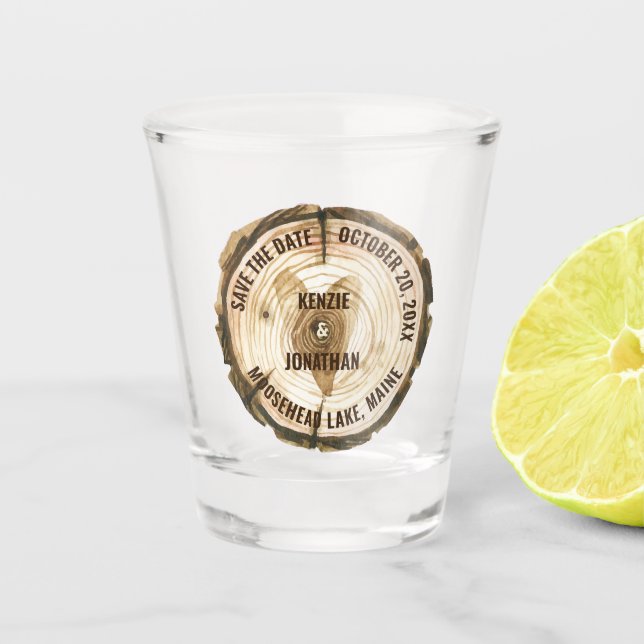 Verre A Shot Mariage bois Enregistrer la date Arbre Anneau Coeu (Devant)