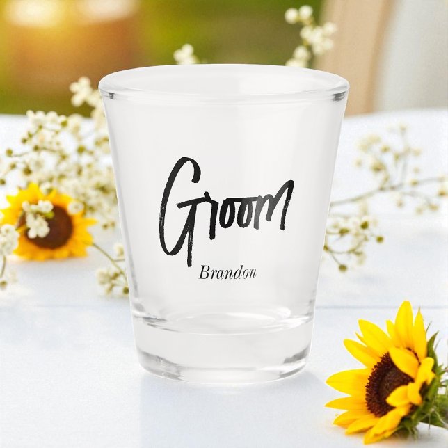 Verre A Shot Mariage de script noir blanc Groom (Créateur téléchargé)