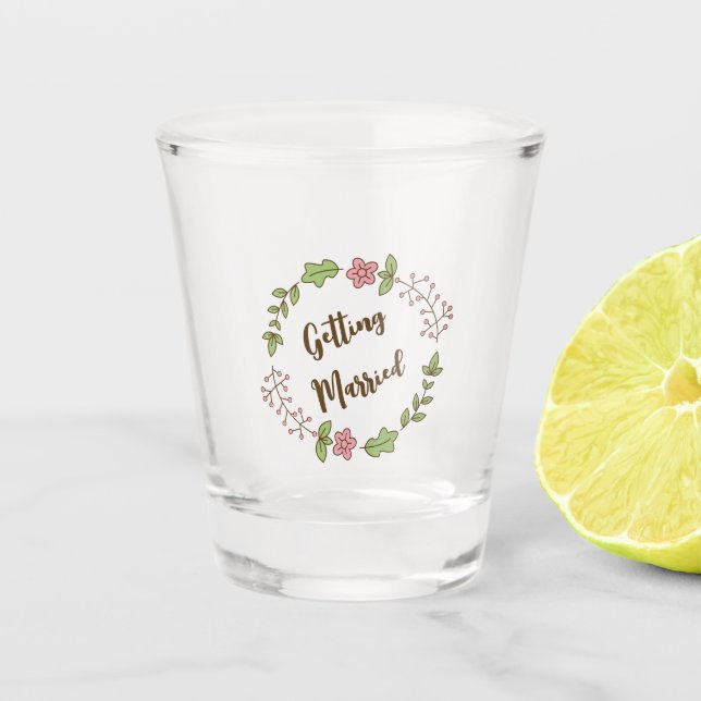 Verre A Shot Mariage Fleur Rose Feuilles Vertes (Devant)