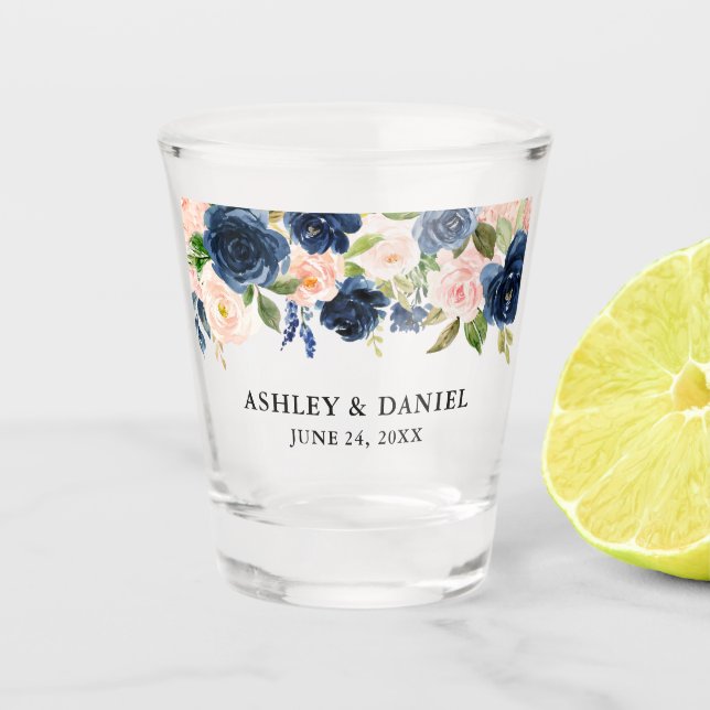 Verre A Shot Mariage floral bleu rose d'aquarelle (Devant)
