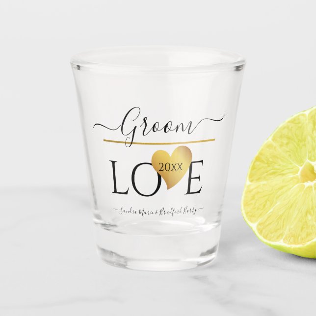 Verre A Shot Mariage Groom Love Texte | Date Gold Heart (Devant)