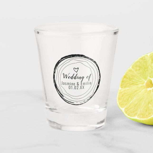 Verre A Shot Mariage Noir Cercles Coeur Bois Grain Couples (Devant)
