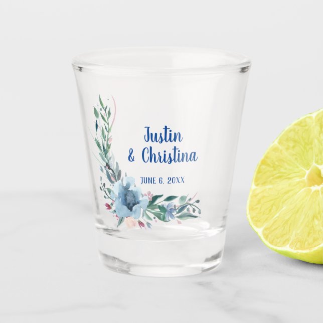 Verre A Shot Mariage personnalisable Keepsaké bleu floral (Devant)