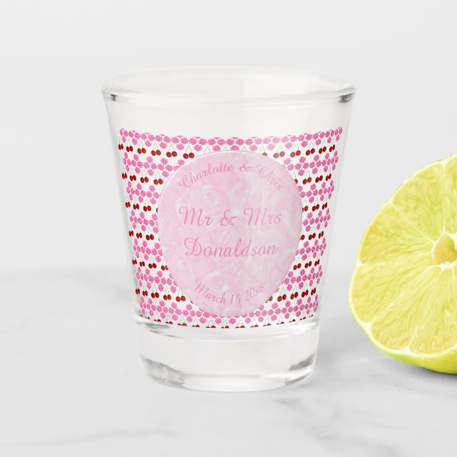 Verre A Shot Mariage rose Printemps Cerisiers en fleurs et ceri (Devant)