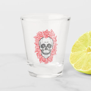 Verre A Shot Memento Mori ! Crâne et Roses, main tirée