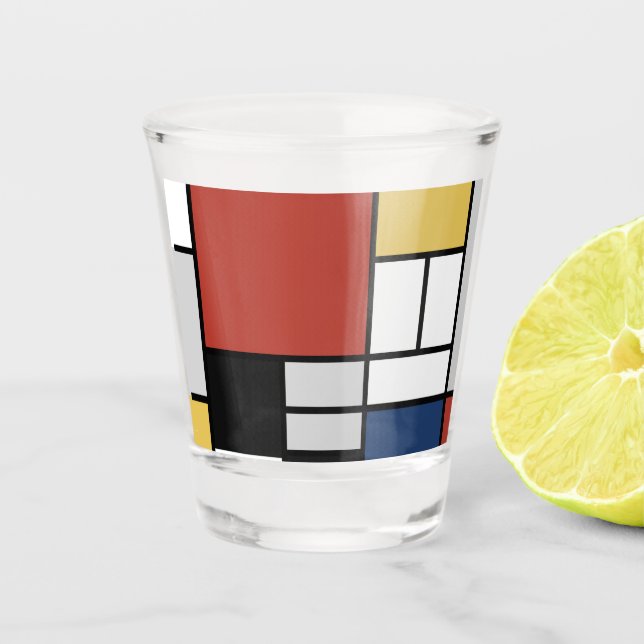 Verre A Shot Mondrian Peinture Rouge Plane Jaune Noir Gris Bleu (Devant)