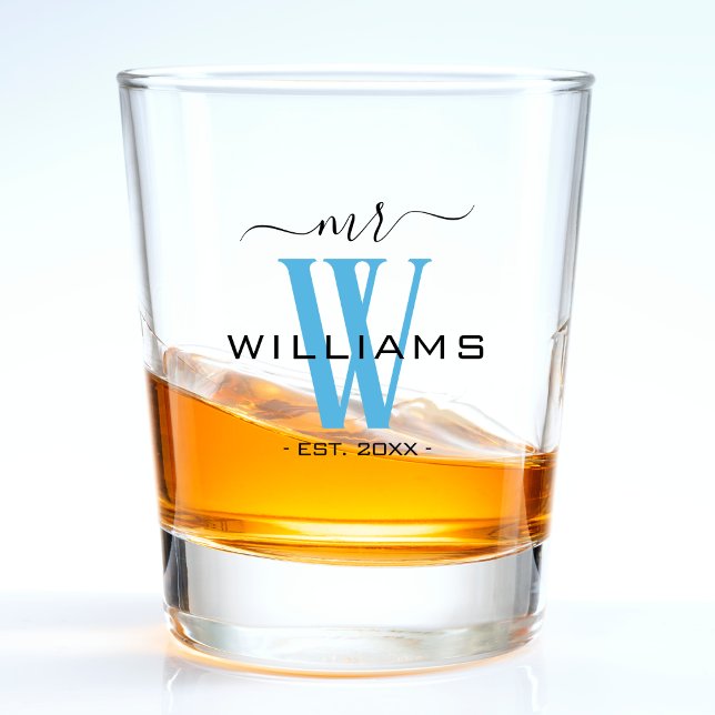 Verre A Shot Monogramme bleu Salle du mari M. Mariage Anniversa (blue monogram Mr. shot glass for a husband / groom)