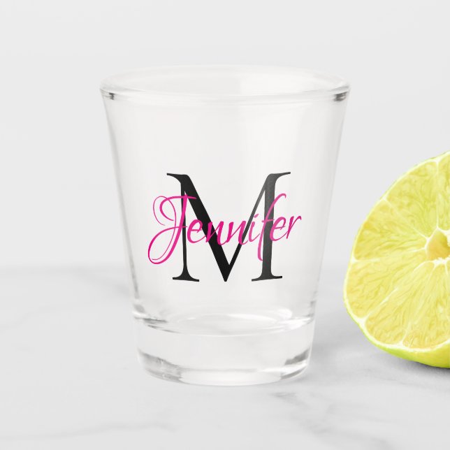 Verre A Shot Monogramme noir et rose chaud personnalisé (Devant)