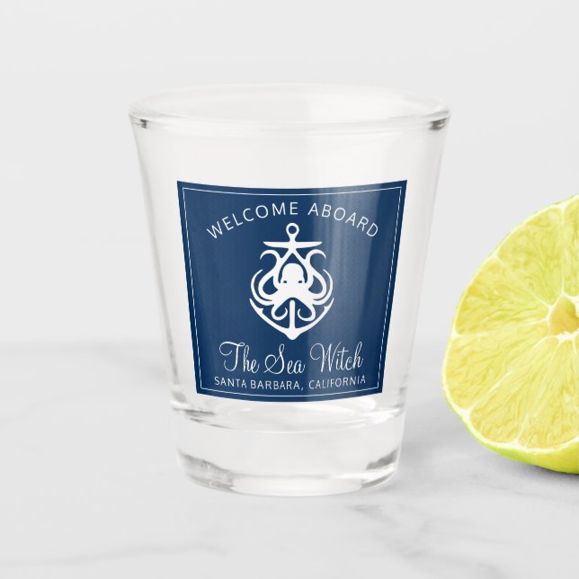 Verre A Shot Nautique Marine Blue Welcome Aboard Nom du bateau  (Devant)