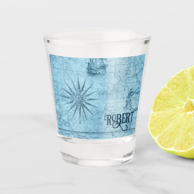 Verre A Shot Nom, Blue Faux Old World Map 1.5oz (Devant)