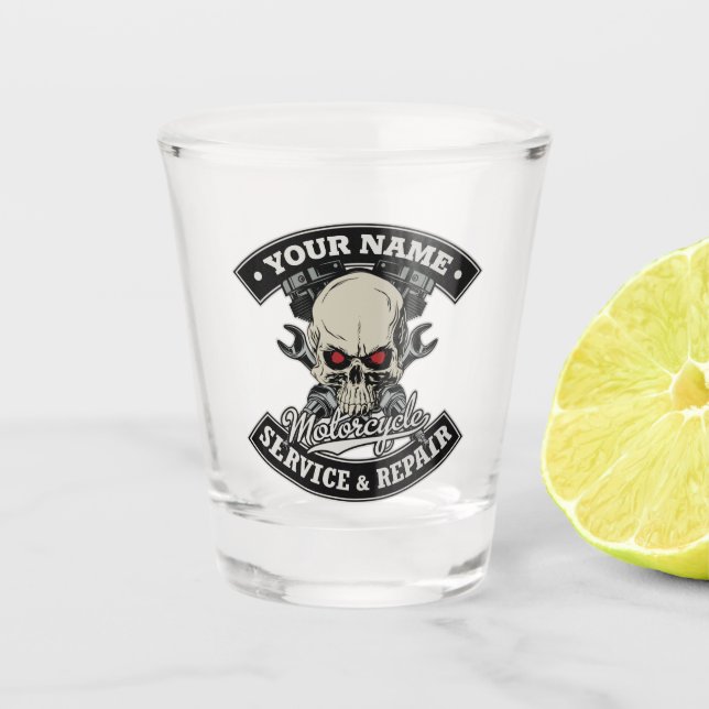 Verre A Shot Nom personnalisé Biker Mécanique Skull Motorcycle  (Devant)