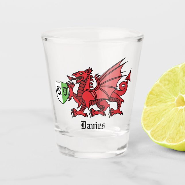Verre A Shot Nom personnalisé Welsh Dragon et monogramme (Devant)