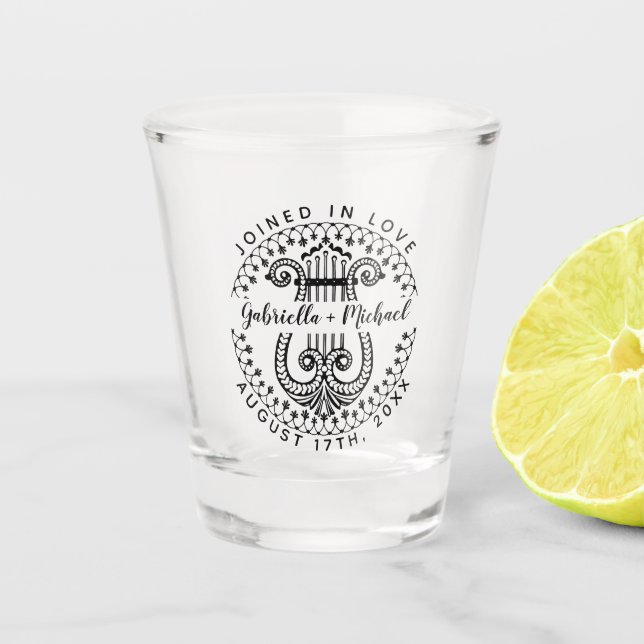 Verre A Shot Noms de couple marié | Harpe élégante et ornée (Devant)