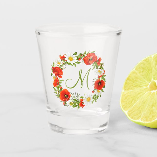 Verre A Shot Papillons rouges Marguerites jaunes blancs Fleur W (Devant)