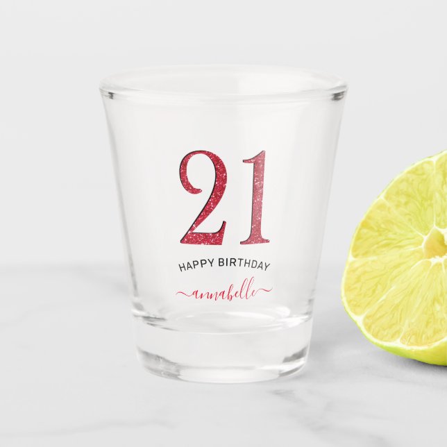 Verre A Shot Parties scintillant Red Faux 21 Anniversaire (Devant)