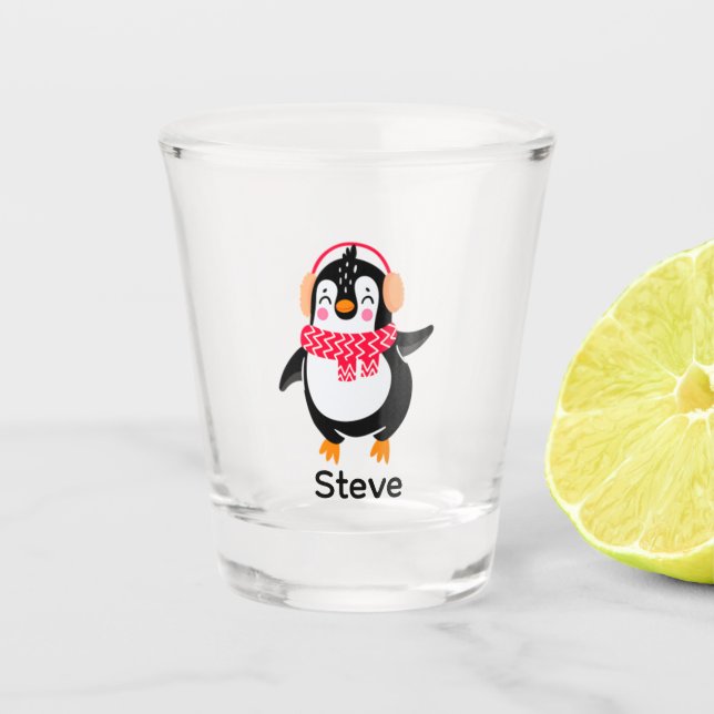 Verre A Shot Pingouin de Noël Jolly en écharpe avec des bouffée (Devant)