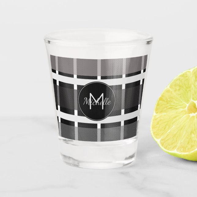 Verre A Shot Plaid Gris Moderne Monogramme Personnalisé (Devant)