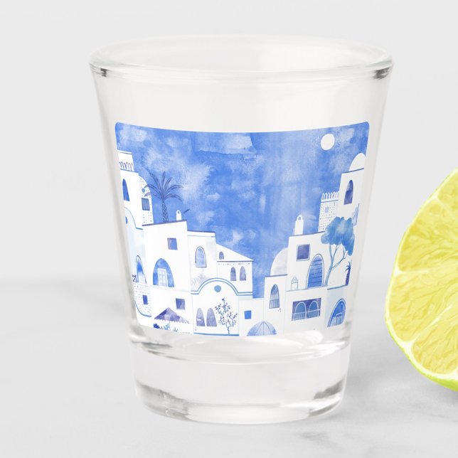 Verre A Shot Santorin Grèce (Shot glass featuring a blue and white watercolor painting of Santorini)
