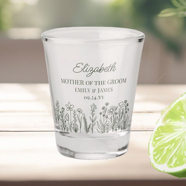 Verre A Shot Simple fête de mariage florale Fleur sauvage (Shot glass gifts .. personalize for everyone in the wedding party and change to any color)