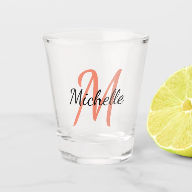 Verre A Shot Simple Moderne Orange Nom Monogramme + Initiale (Devant)