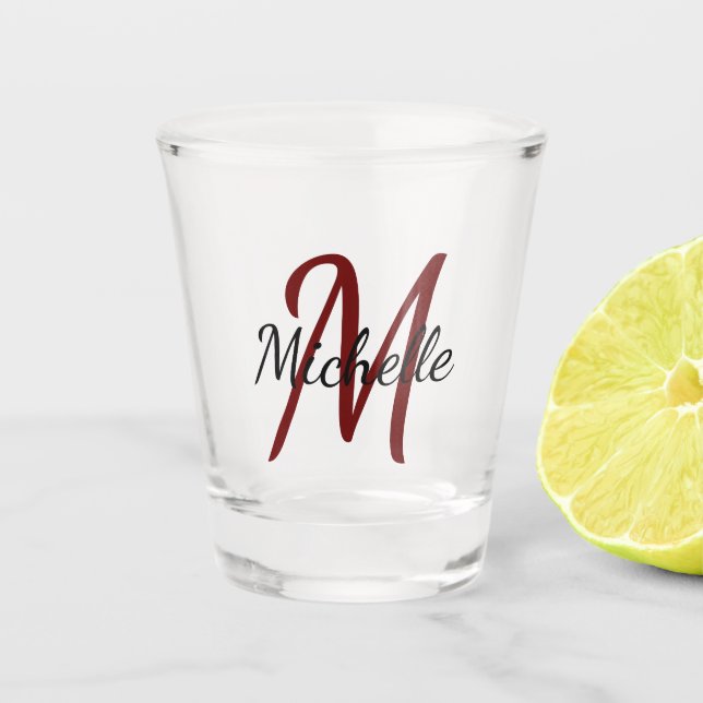 Verre A Shot Simple moderne Rouge Nom Monogramme + Initiale (Devant)