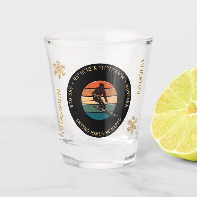 Verre A Shot Ski Big Sky, Montana - Homme Skier, Texte Jaune (Devant)