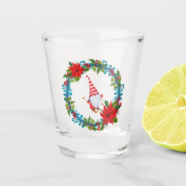 Verre A Shot Skieur Nordic Gnome dans une couronne de Noël (Devant)