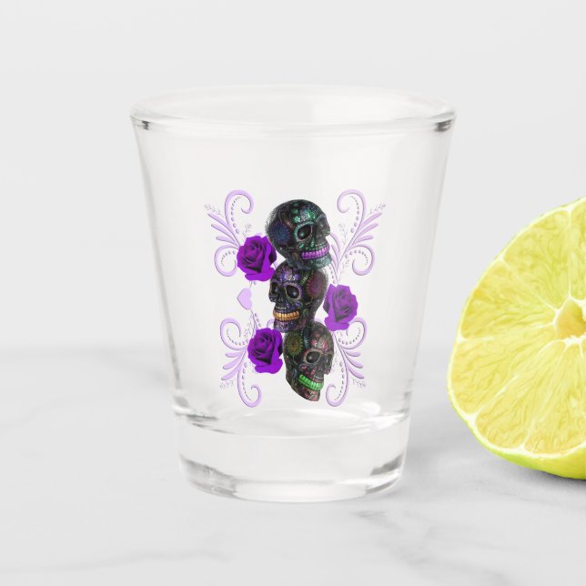 Verre A Shot Triple Jour Noir Des Crânes Morts Roses Violets (Devant)