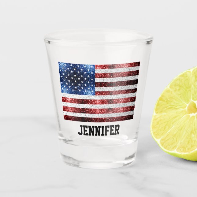 Verre A Shot USA flag rouge blanc bleu étincelles bling Nom per (Devant)