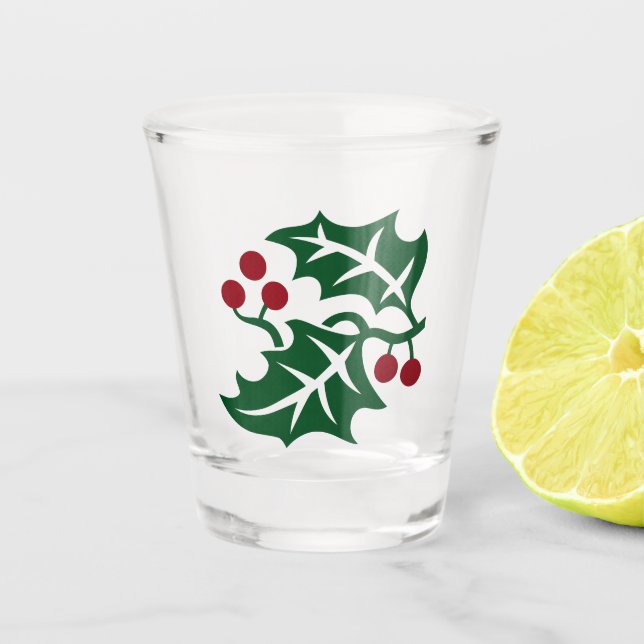 Verre A Shot Vacances de Noël Green Holly et Red Berries (Devant)