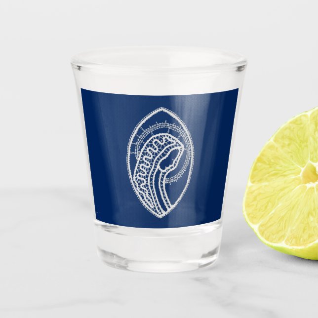 Verre A Shot Vierge Marie, dentelle blanche, bleu marine (Devant)
