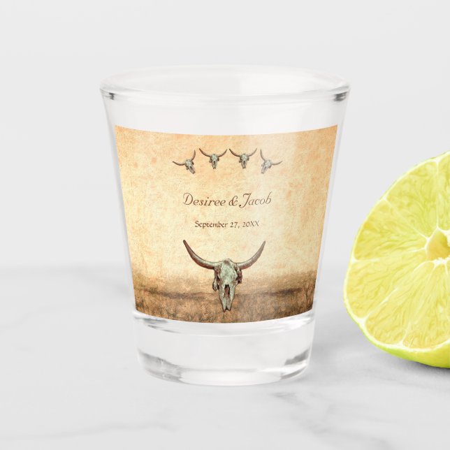 Verre A Shot Western Rustic Mariage Pays Vache Taureau crâne (Devant)