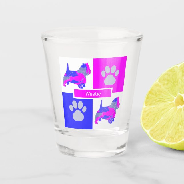 Verre A Shot Westie Silhouette Chien & Paw Pink Blue Carré (Devant)