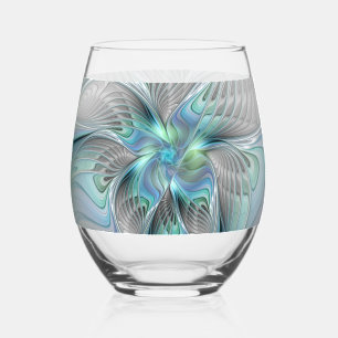 Verre À Vin Sans Pied Abstrait Bleu Vert Papillon Imaginaire Fractal Art