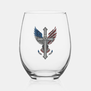 Verre À Vin Sans Pied Aigle Patriotique Croix Gravure Vintage Vecteur Dé
