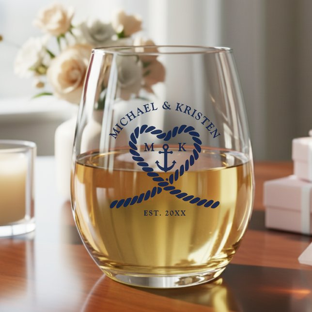 Verre À Vin Sans Pied Ancre de coeur de cordes bleu marine Mariage de mo (Nautical Blue Rope Heart Anchor Monogram Wedding Stemless Wine Glass
)