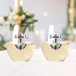 Verre À Vin Sans Pied Ancre Floral Nautique Mariage d'été Favoriser