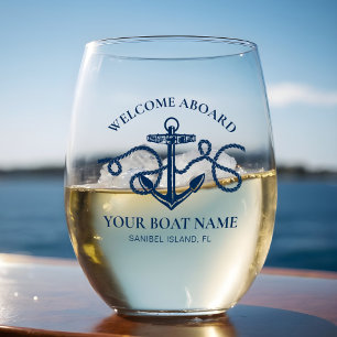 Verre À Vin Sans Pied Ancre nautique Nom du bateau Marine Blue Welcome A