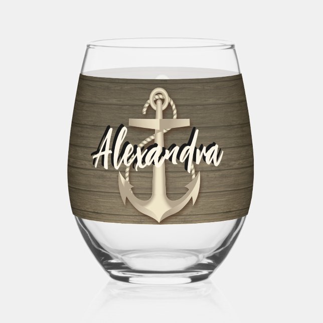 Verre À Vin Sans Pied Ancre nautique personnalisée Nom Bois (Recto)
