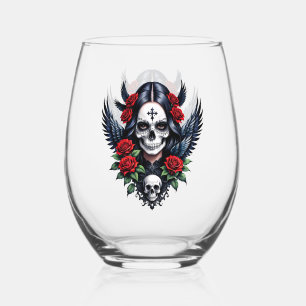 Verre À Vin Sans Pied Ange crâne sucre avec Roses.