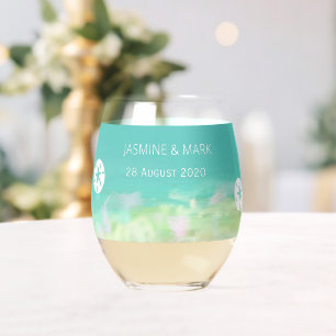 Verre À Vin Sans Pied Aqua Blue Water Beach Mariage Noms personnalisés