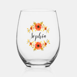 Verre À Vin Sans Pied Aquarelle Coral Floral Wreath Nom personnalisé