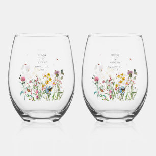 Verre À Vin Sans Pied Aquarelle Fleur sauvage Jardin Insectes Mariage Fa