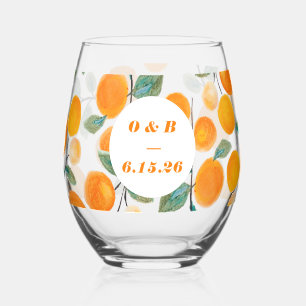 Verre À Vin Sans Pied Aquarelle Orange Citrus Monogramme Mariage