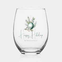 Verre À Vin Sans Pied Aquarelle Vert ornement tendance Fête de vacances