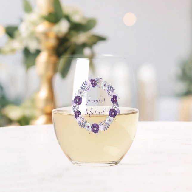 Verre À Vin Sans Pied Aquarelle violette et argentée Courbe florale (Insitu (Mariage))