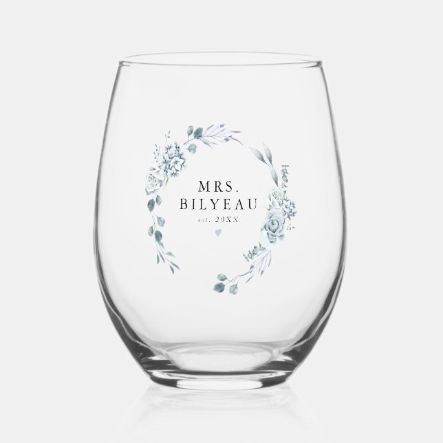 Verre À Vin Sans Pied AUSHA Elégant Dusty Blue Floral Mme Mariage (Recto)